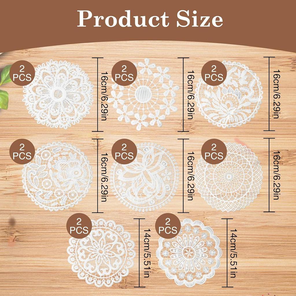 16 Pieces Lace Doilies for Tables, 6 Inch Rustic Crochet Lace Coasters Table Decors Doilies Round Placemats for Kitchen Dining Room Wedding Vase