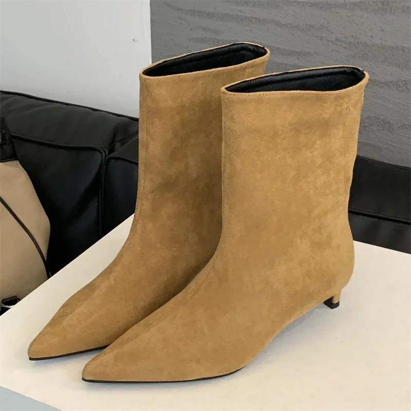 Vintage Faux Suede Pointed Toe Ankle Boots for Women Fashion Thin Low Heel Non-slip Warm Winter Modern Short Boots Botas Mujer