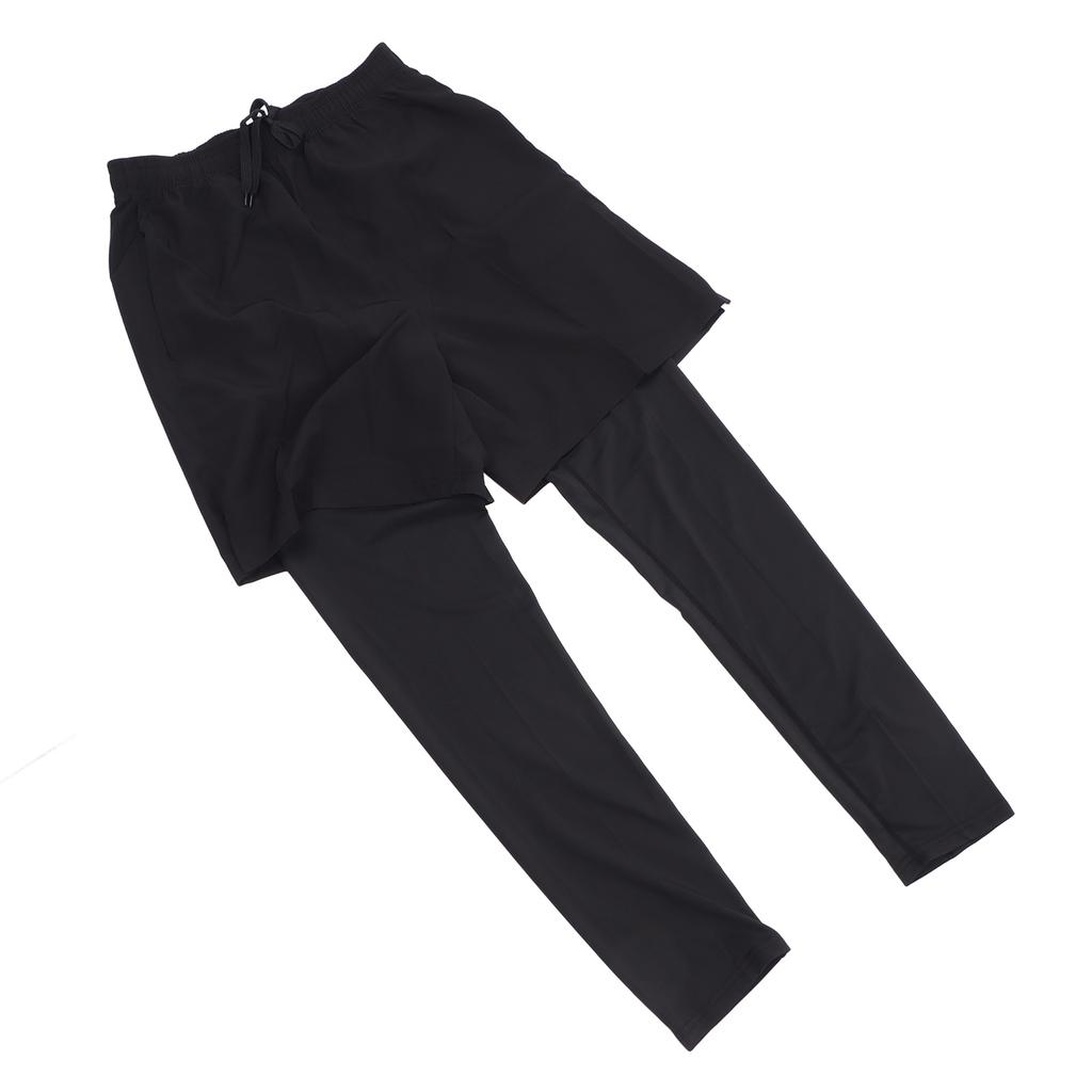 Black Men's Fake 2 Piece Pants Training Elastic Quick Drying 2 in 1 Gym Leggings Pants for Exercise