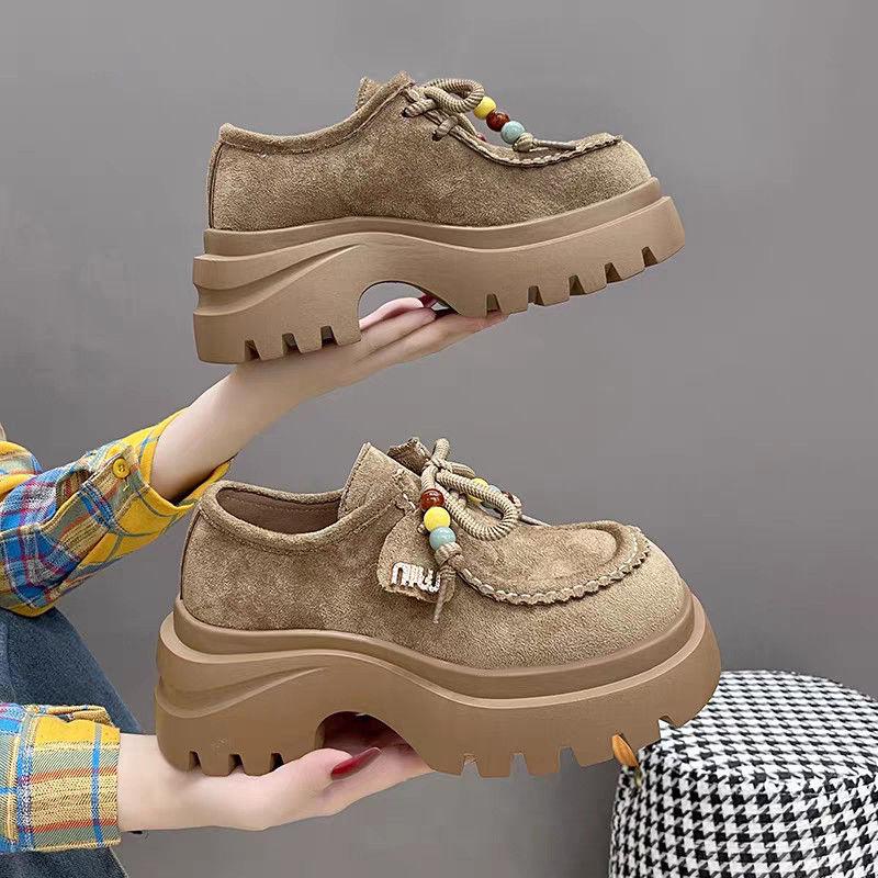 Women's Autumn Platform Matte Loafers - Thick-Soled, Lace-Up, Versatile, Height-Increasing.