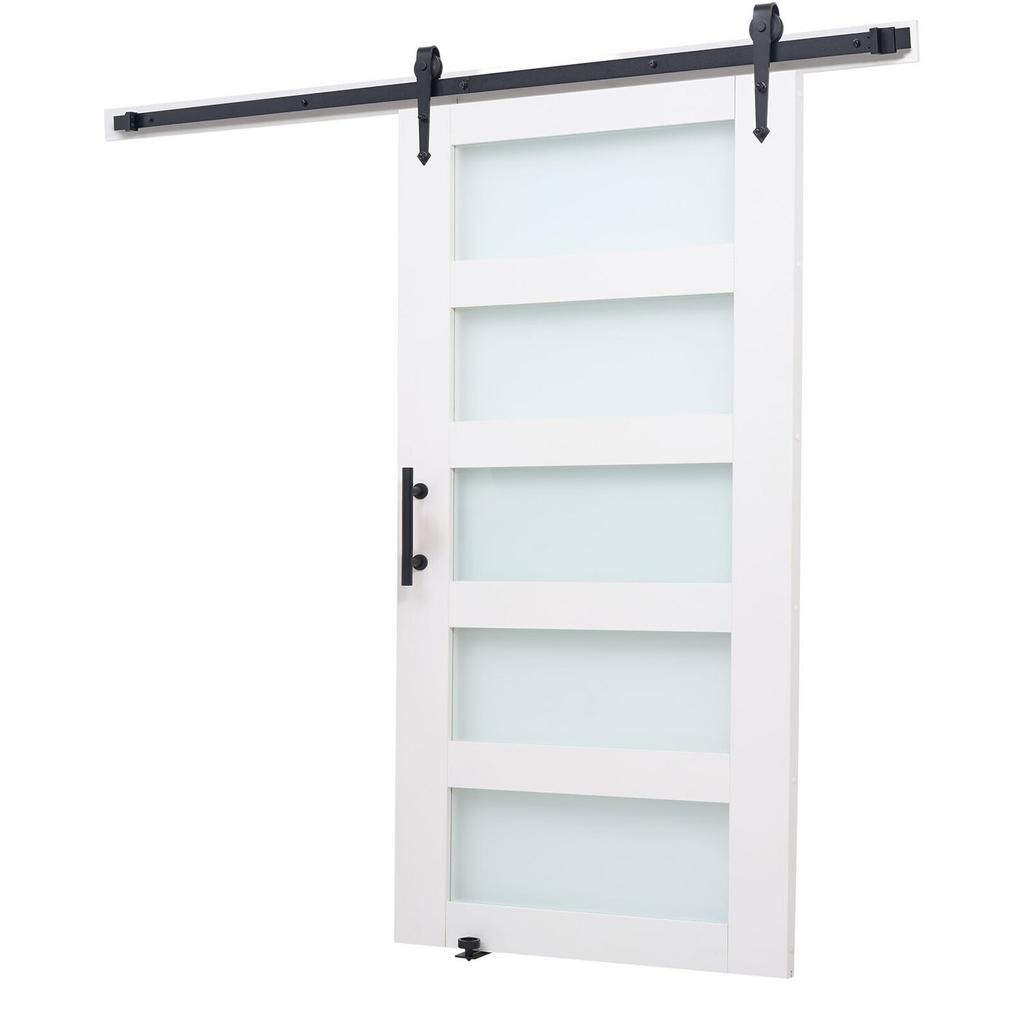 Sliding Barn Door, 1067 x 2134mm, High-Strength MDF Panel and Glass, Barn Door with Hardware Kit, Water-Proof PVC Surface, Easy to Install, H-Frame,