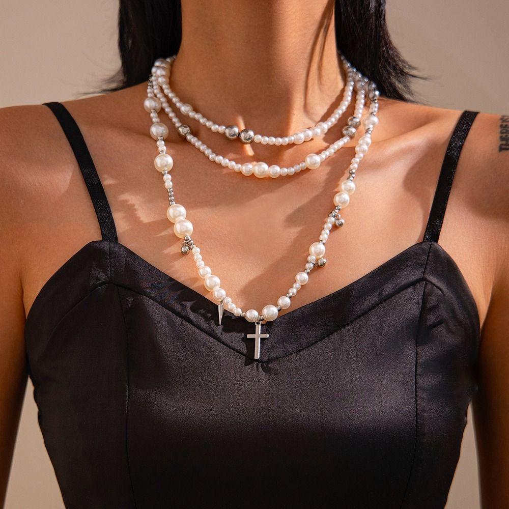 Cross Exaggerated Pearl Neckchain Elegant Women's Clavicle Chain  Jewelry Gift