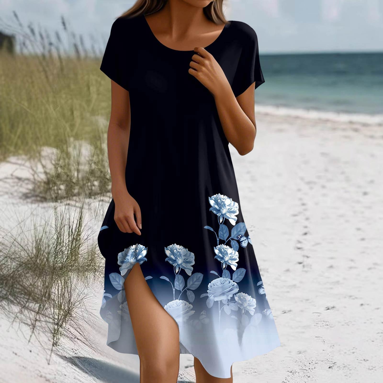 

Платье в стиле бохо с коротким рукавом для женщин, повседневное, свободного кроя, летнее, сарафан с цветочным принтом и карманами XL