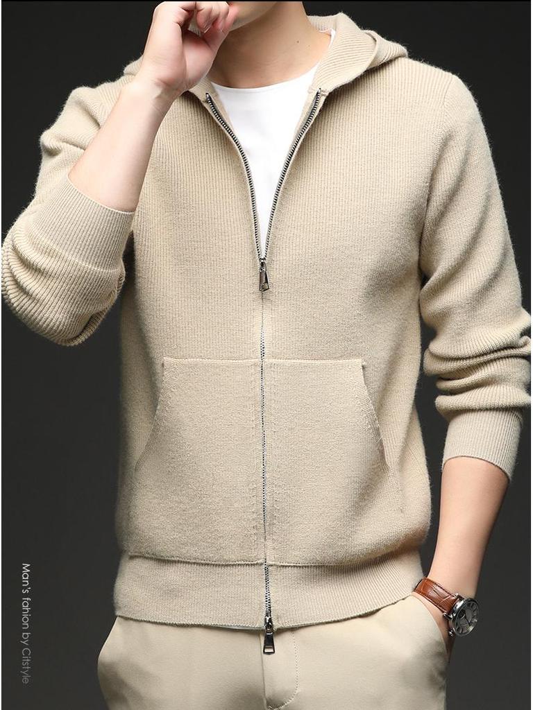 Men's Hooded Knit Cardigan: Korean Style Fashionable Sweater for Autumn/Winter – Trendy, Warm, Casual Outerwear for Middle-aged and Young Men.