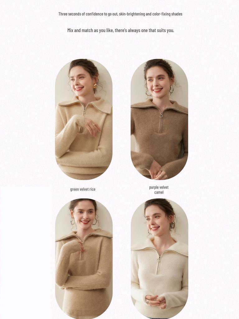 Damen Dick gestrickter Kaschmirpullover - Großer Reverskragen, Polo-Kragen mit halbem Reißverschluss, Vielseitige lockere Passform für Herbst und Winter