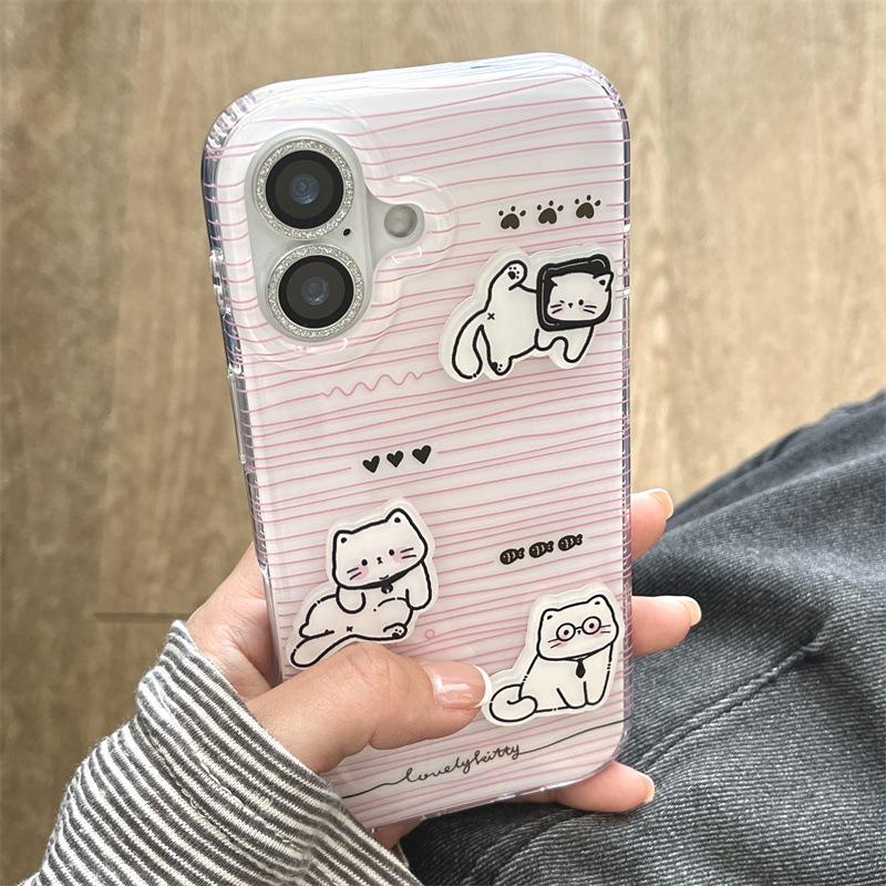 Pink Striped 3D Kitten Phone Case for iPhone 17/16 Pro Max/15/14
