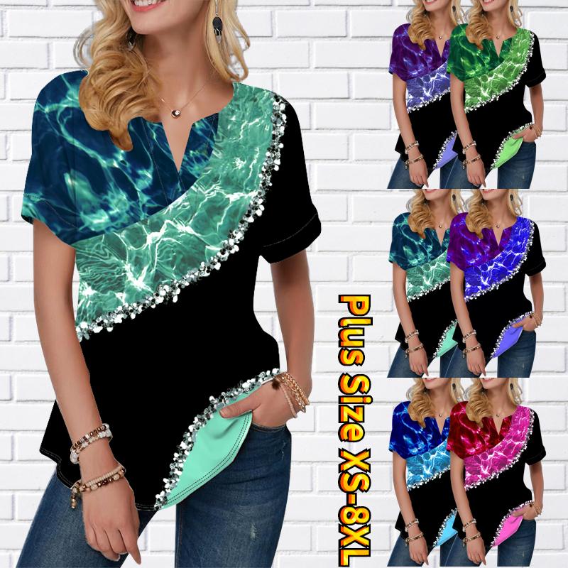 

Женская летняя футболка с мраморным принтом, футболки с короткими рукавами, повседневные топы, маленький v-образный вырез с короткими рукавами