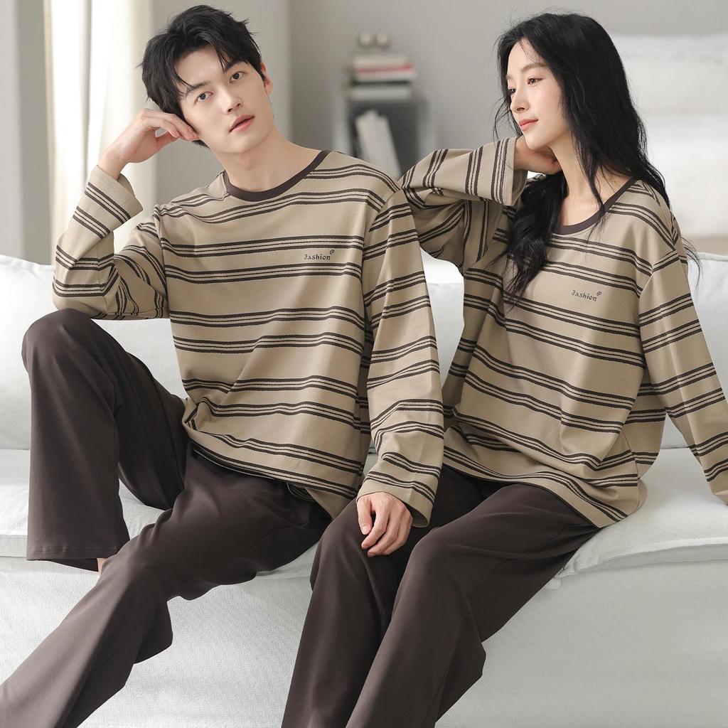 2025 New Couple's Pure Cotton Striped Pajama Set - Long Sleeve for Spring and Autumn