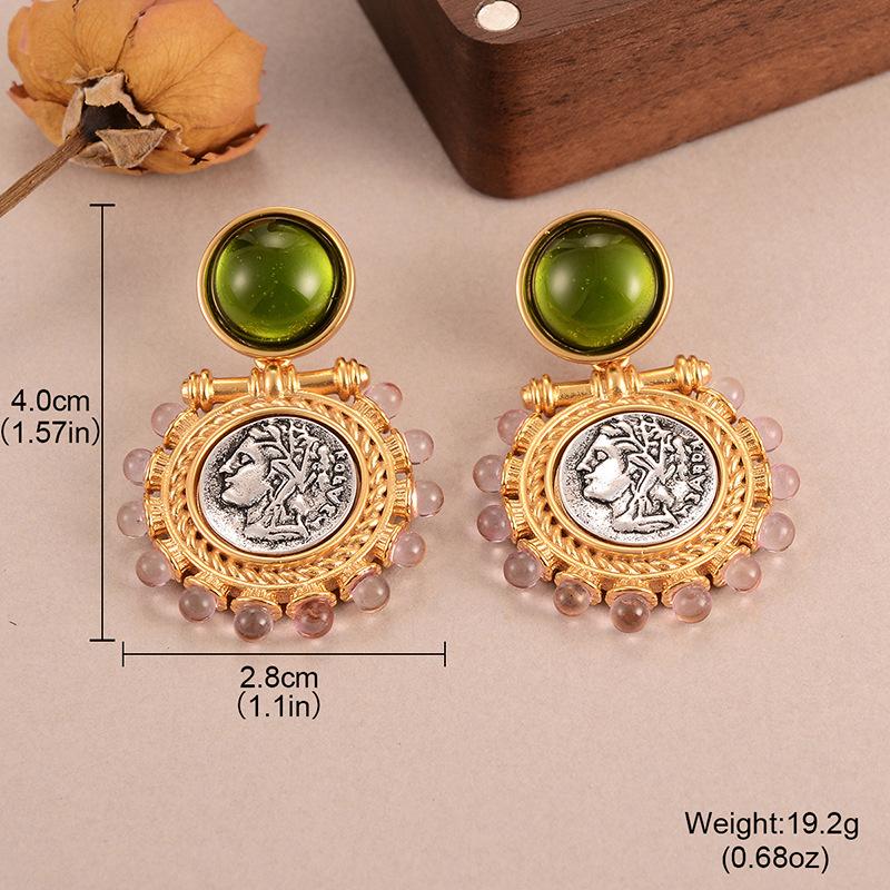 Retro resin pearl ancient coin portrait earrings French court style niche tassel exaggerated personality earrings stud earrings women