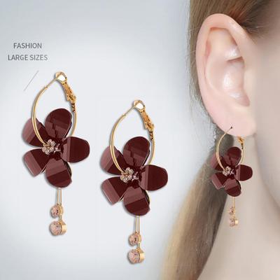 Korean Women Camellia Flower Long Tassel Rhinestone Party Leaverback Earrings