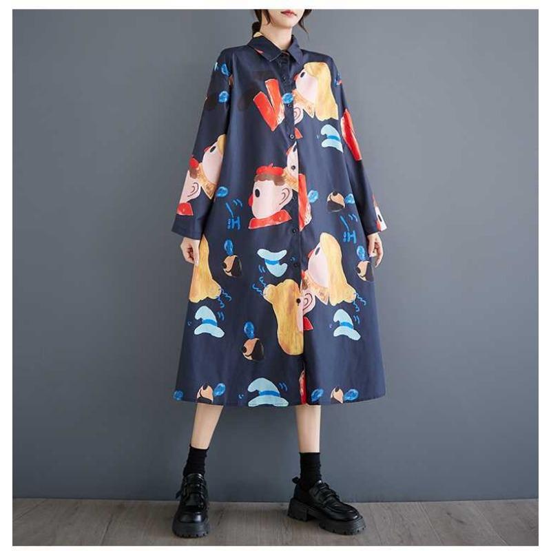 New Loose Large Size Oceanic Printing Mid-length Literary Retro Dresses