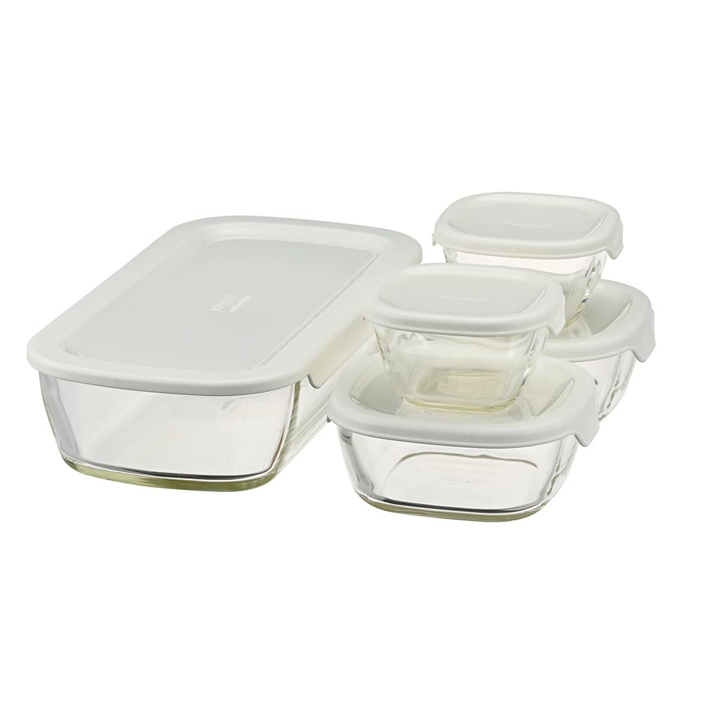 Hario Stackable Glass Container Mini Square Set of 5 Heat-Resistant + Bowl, (KSTL-3508-OW)
