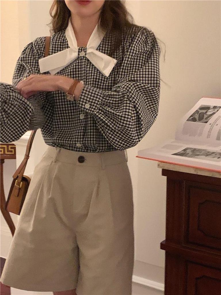 Korean Chic 2025 Spring Retro Color Block Plaid Bow Stand-Up Collar Loose Long-Sleeve Shirt for Women