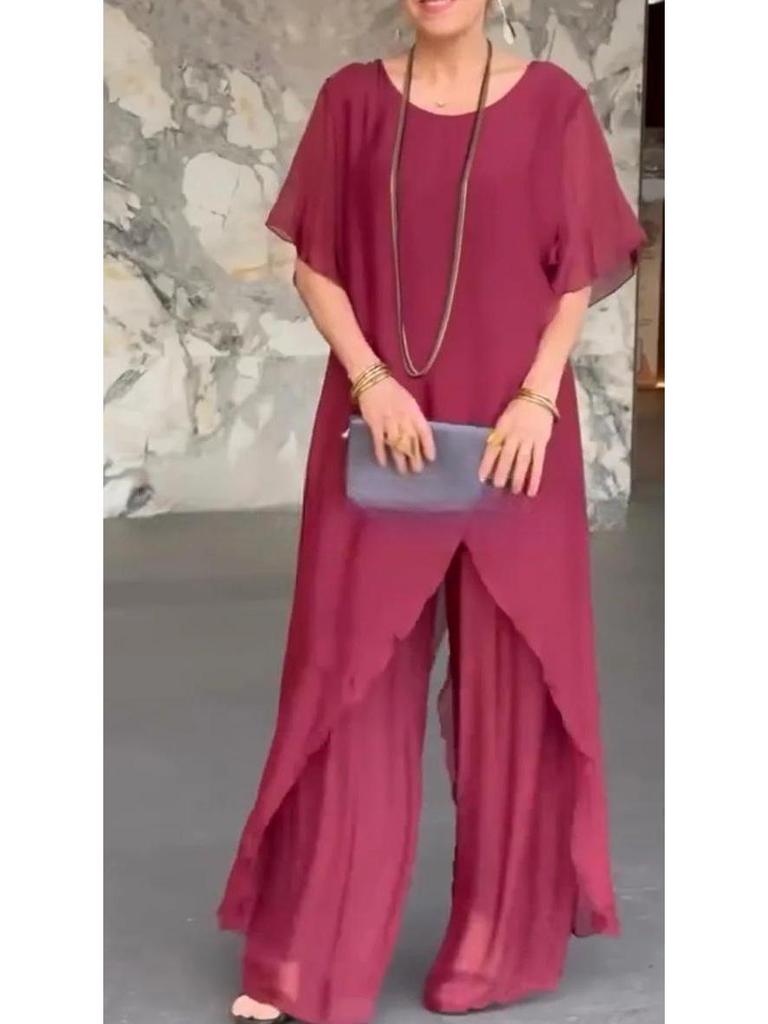 Damen 2025 Europäischer & Amerikanischer Chiffon Locker Unregelmäßig Langes Oberteil & Hosenanzug