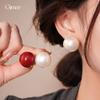 Retro Hong Kong style simple geometric round pearl stud earrings temperament earrings women
