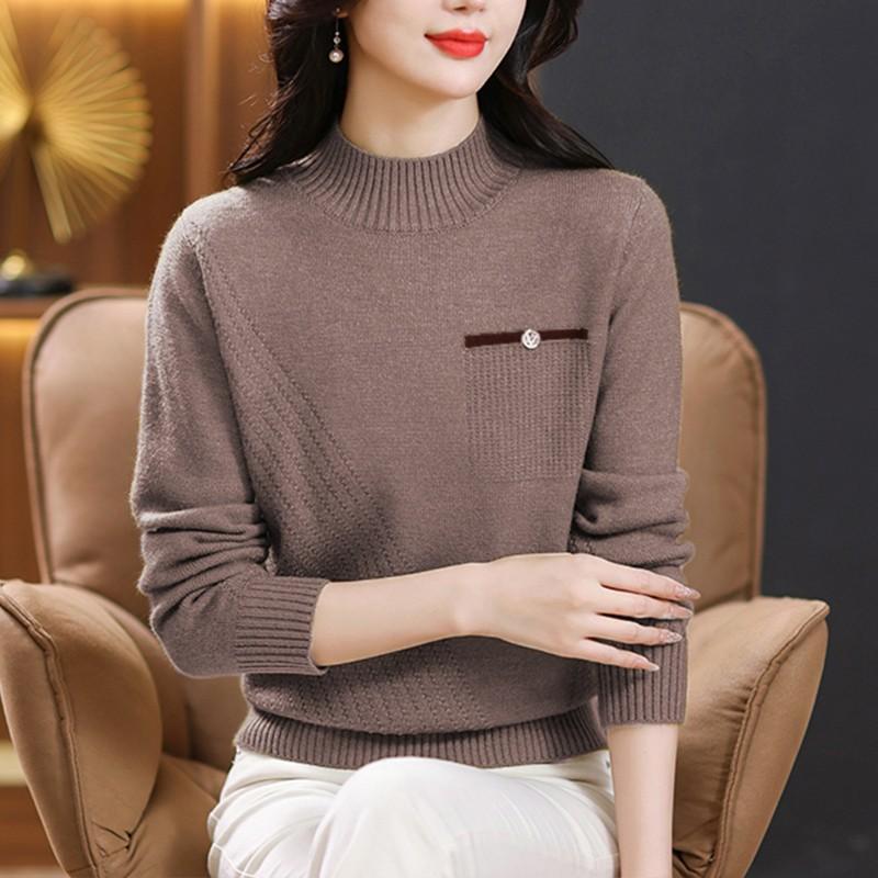 

Свитер женский однотонный полувысокий ворот вязаный свитер весна и осень длинный рукав повседневный пуловер XL хаки