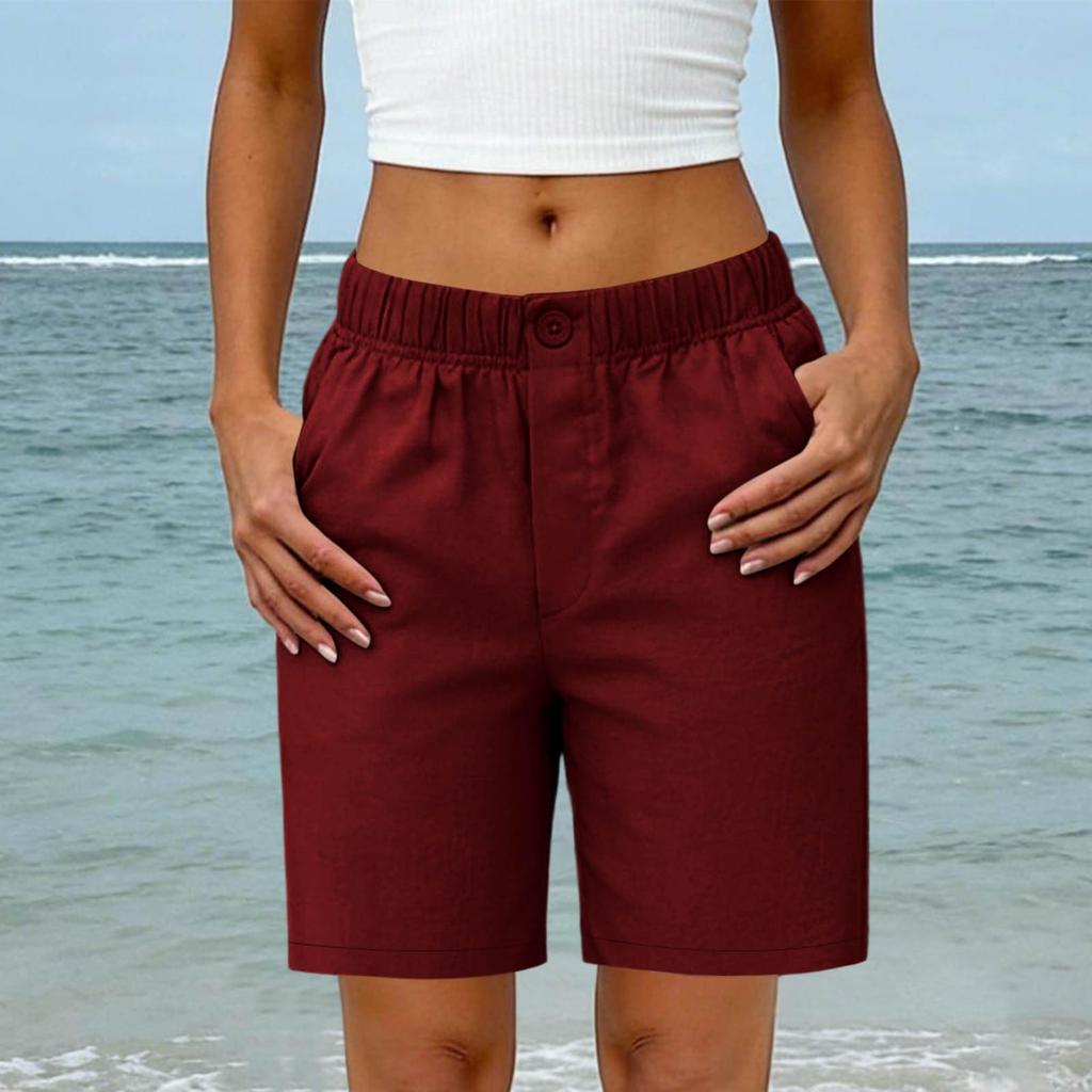 Women's Summer Fashion Elastic Waist Cotton Linen Five Quarter Pants Casual Loose Pocket Shorts