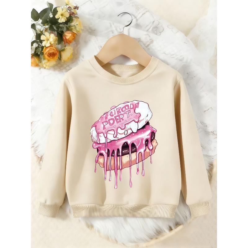 Unisex Kids Crewneck Sweatshirt, Pink Dripping Donut Cartoon Print Pullover, Boys Girls Cute Dessert Casual Sweatshirt For Kids Over 4 Years Old