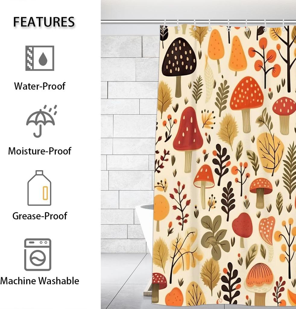 Pardick Tropical Leaves and Mushroom Shower Curtains 72x72 inch Spring Bathroom Shower Curtain Set with 12 Hooks, Polyester Fabr