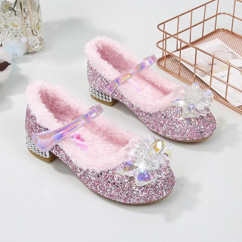 Pantofi cu toc înalt din catifea albastră Elsa cu cristale pentru fete - Pantofi de prințesă de iarnă