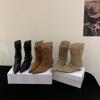 French retro suede thick heel short tube thin boots women's 2025 autumn and winter new fashionable versatile pleated stacked short boots