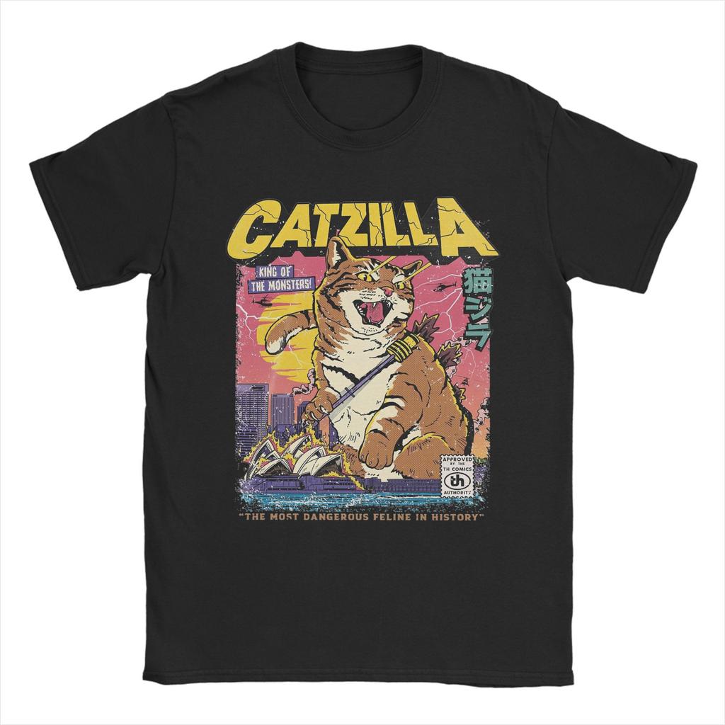 Catzilla Men's T Shirts  Novelty Tee Shirt Short Sleeve Crewneck T-Shirt Pure Cotton Birthday Gift Clothes