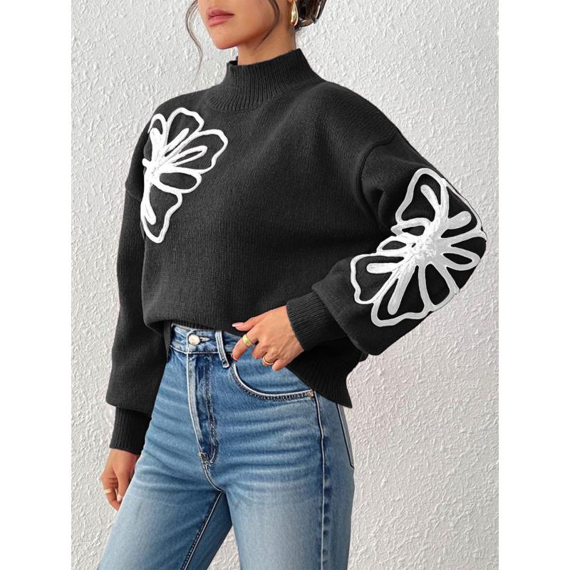 Женский осенне-зимний топ с объемной вышивкой лентами в виде цветов, полувысоким воротником и рукавами-фонариками, пуловер-свитер M чёрный