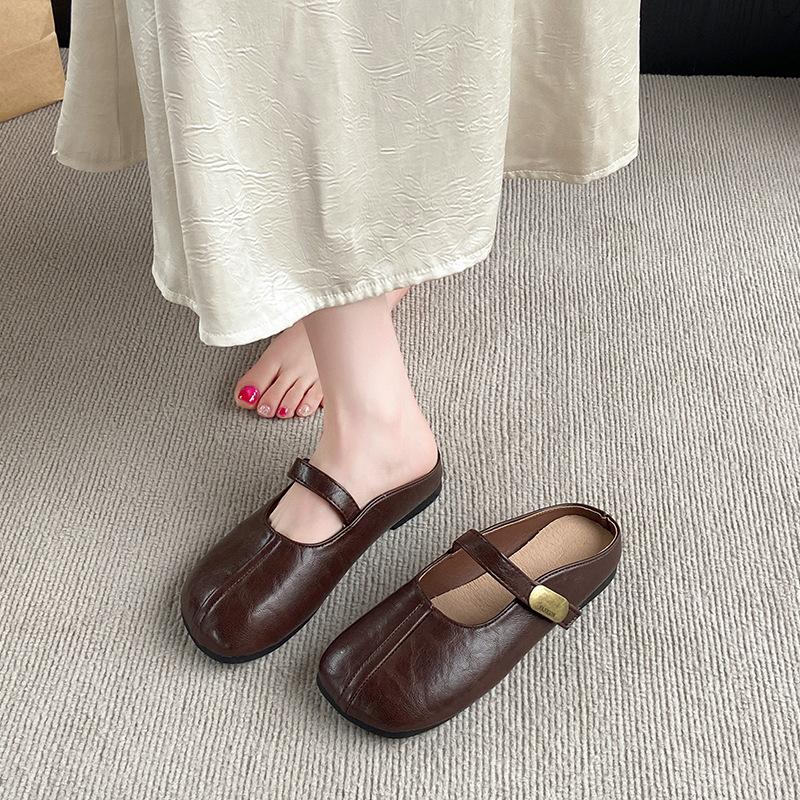 2025 summer new French bag head flat bottom half slippers women's retro outer wear low heel Mary Jane with skirt women's shoes