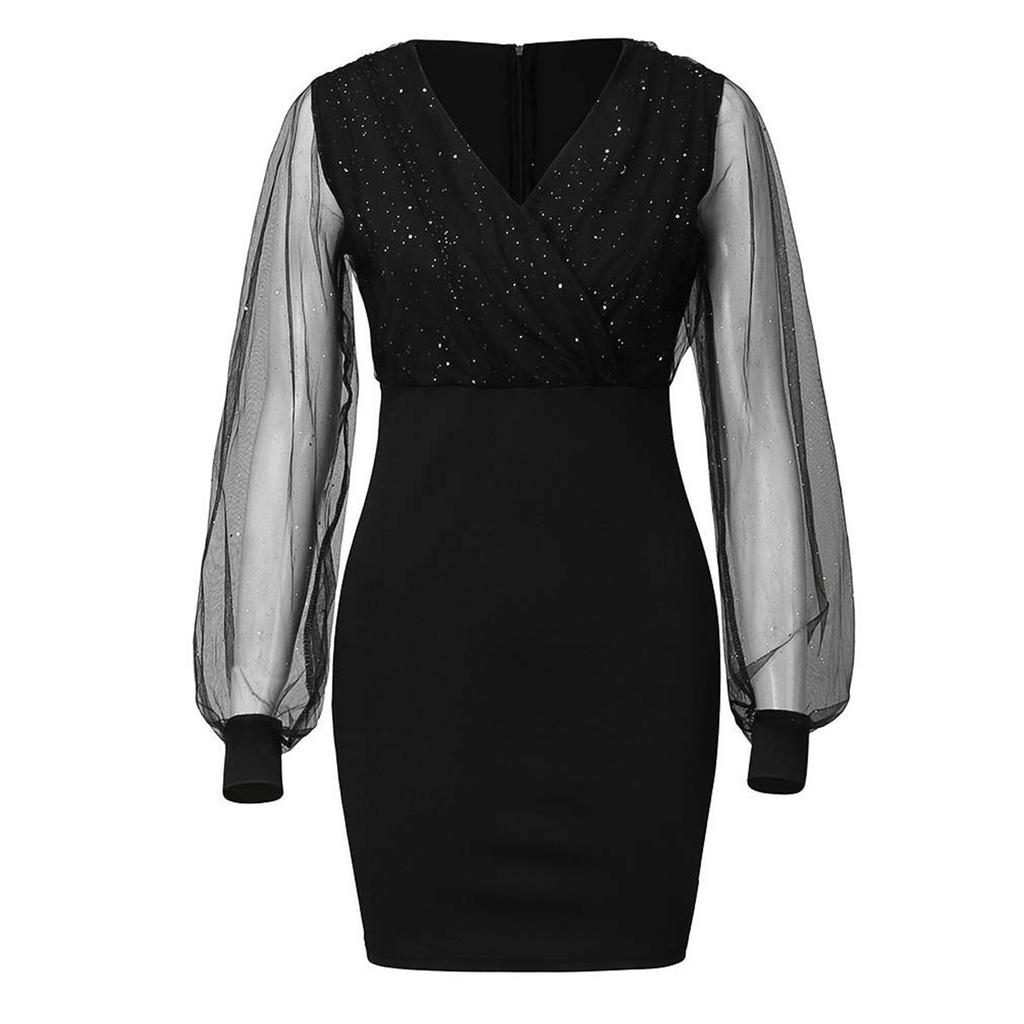 Women's Mesh V-neck Sequined Dress Foreign Trade Sexy Long Sleeve Dress