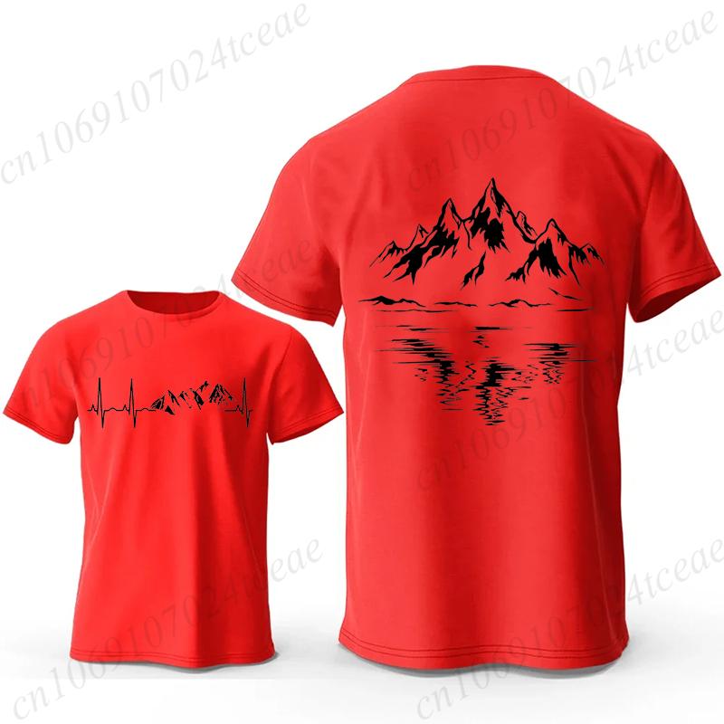 Mountain Print Men's T-shirt Summer Comfortable Breathable Short-sleeve Top Mountain Heartbeat Pulse Line Oversized Men T-shirt