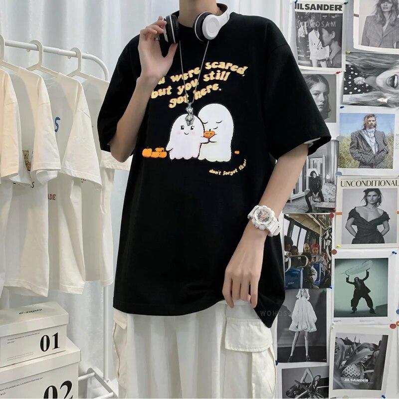 WoUnisex Moda Bonito Fantasma Desenho Animado T-shirt Meninos Meninas Grandes Roupas Streetwear Verão Preto Algodão Manga Curta T-shirts