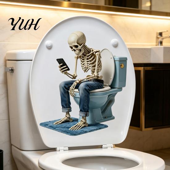 Festive Bathroom Interior Decor Funny Skeleton Toilet Cover Sticker, Self-Adhesive Waterproof Sitting on Halloween Theme Supplies Seat Lid Decal,
