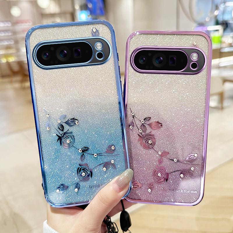 For Google Pixel 9 Pro Pixel 10ProXL 9A glitter gradient phone case 8PRO 8A electroplated rhinestone eternal flower soft shell