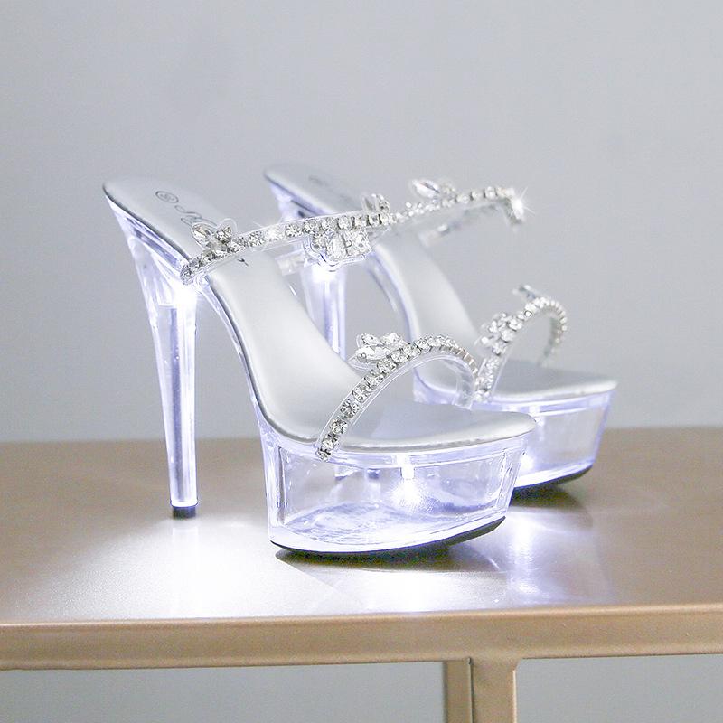 Fashion LED Up Crystal Rhinestone Night Club High Heels 13CM/15CM for Stage Show Pole Dance Shoes Women Crystal Clear Soles Glow in Dark