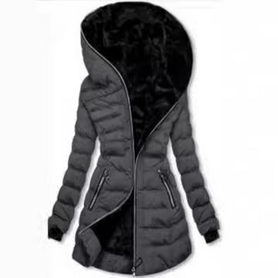 Women's Hooded Long Sleeve Fleece-Lined Mid-Length Cotton Coat Winter Zipper Jacket W329
