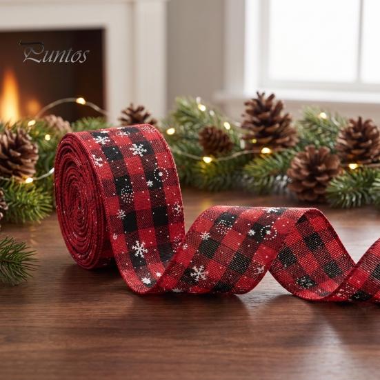 Burlap Christmas Ribbon 1 Roll Ribbon, Faux Linen Wired with Snowman Farmhouse Tree Decor Truck Floral Print, Gift Wrapping Craft Supply for