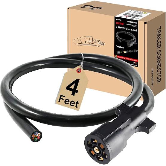 7 Way Trailer Cord,4FT Heavy Duty 7 Way Trailer Plug Inline Cord Wire Harness Cable Double Prongs Connector 7 pin Trailer Wiring Harness 4 Feet for