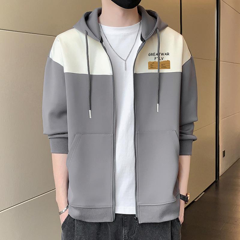 Hooded Cardigan Sweater Jacket Men's Autumn American Loose Top Clothes Men's Color Matching Casual Jacket