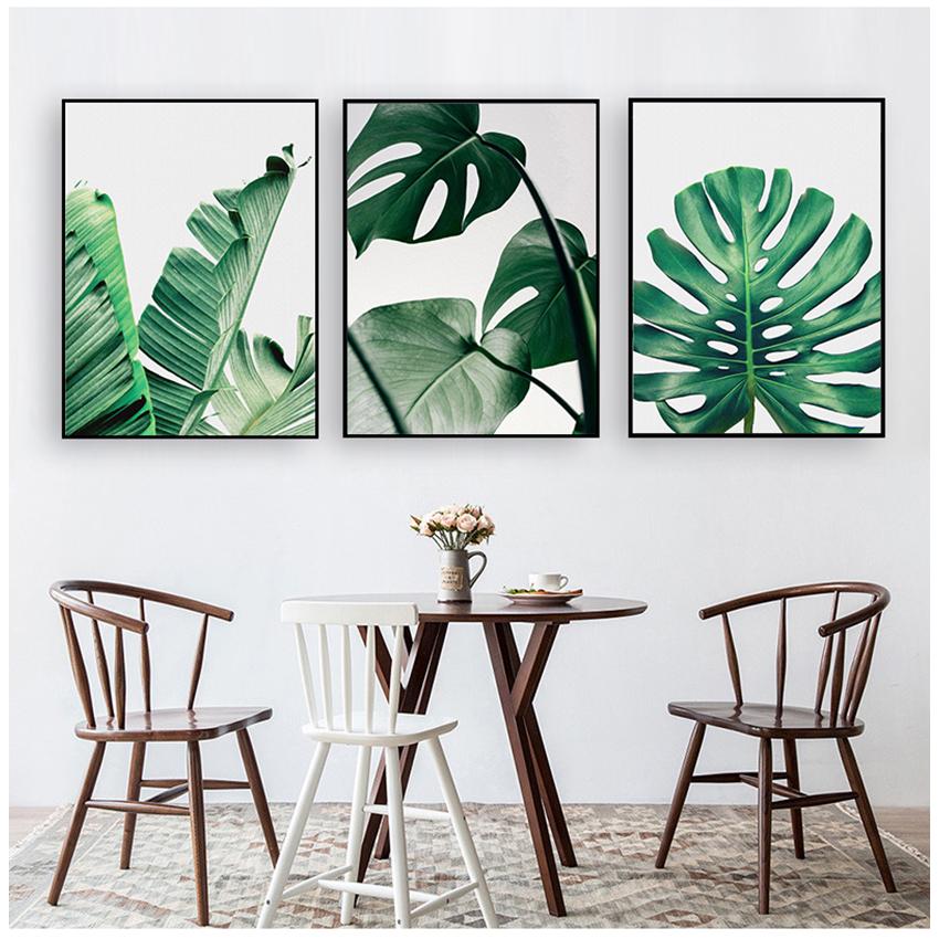 Blatt-Leinwanddrucke und Poster, Wandkunst, Heimdekoration, nordische grüne Pflanzen-Leinwand-Malerei, Wandbilder, tropische Palmen-Bananen-Schildkröte