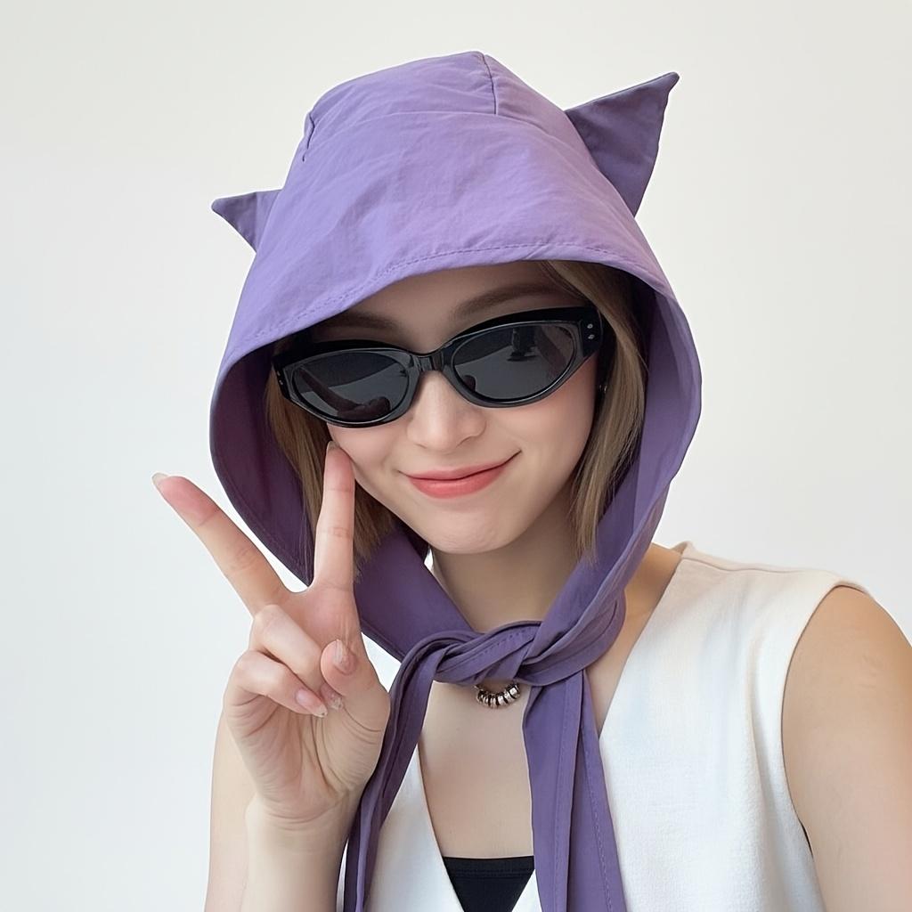 1Pc Naughty Little Devil Strap Sun Hat, Quick-Dry Sun Protection Ear-Wrap Headscarf Hat, Cute Cat Ear Design To Make Your Face Look Smaller, Novelty