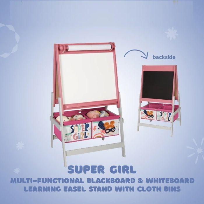 Cavalete de desenho 3 em 1 - GINGER HOME SUPER GIRL - Quadro dupla face - 2 bandejas de arrumação - 54 x 45 x 93 cm