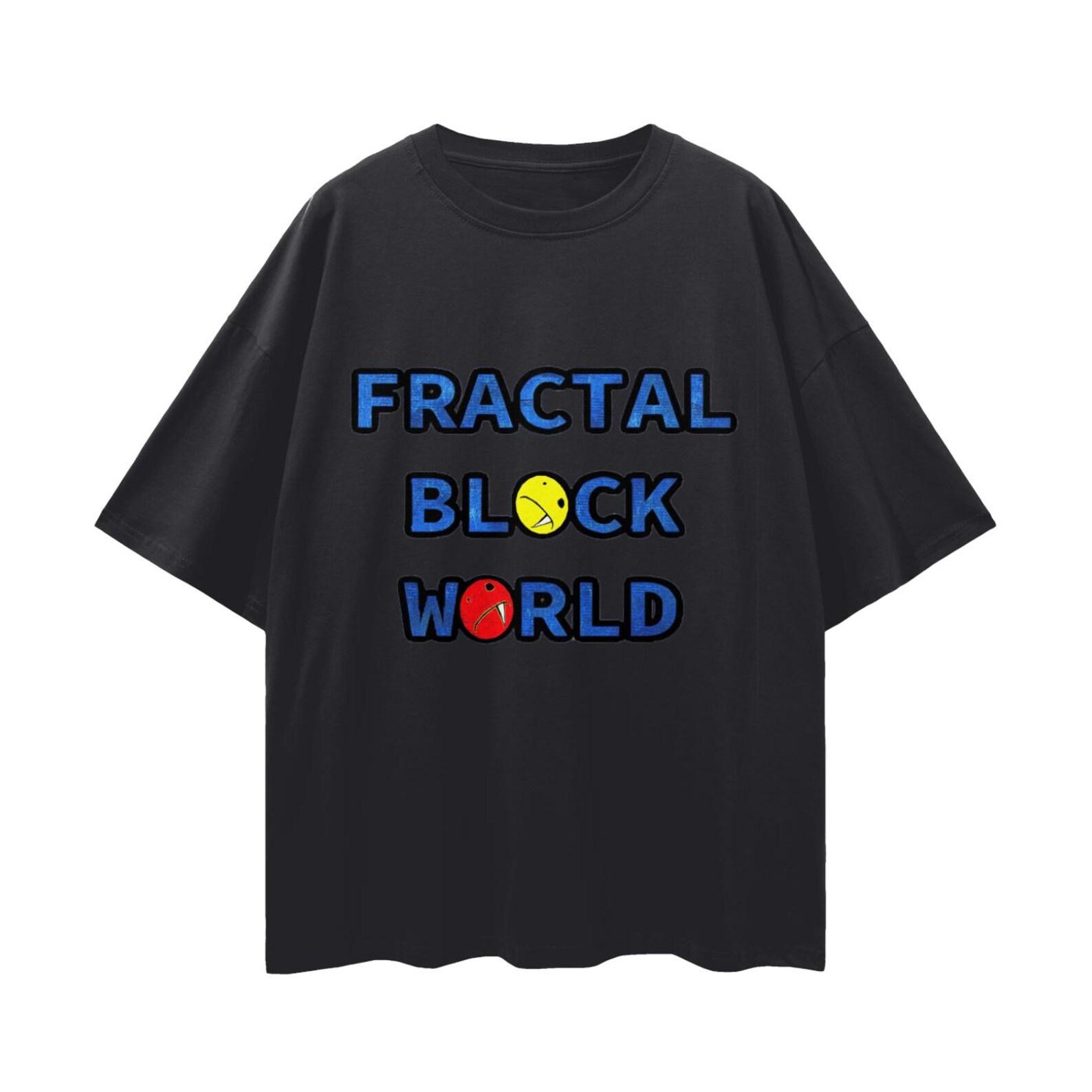 Fractal Block World T-Shirt, Casual Loose Drop Shoulder Cotton Tee L