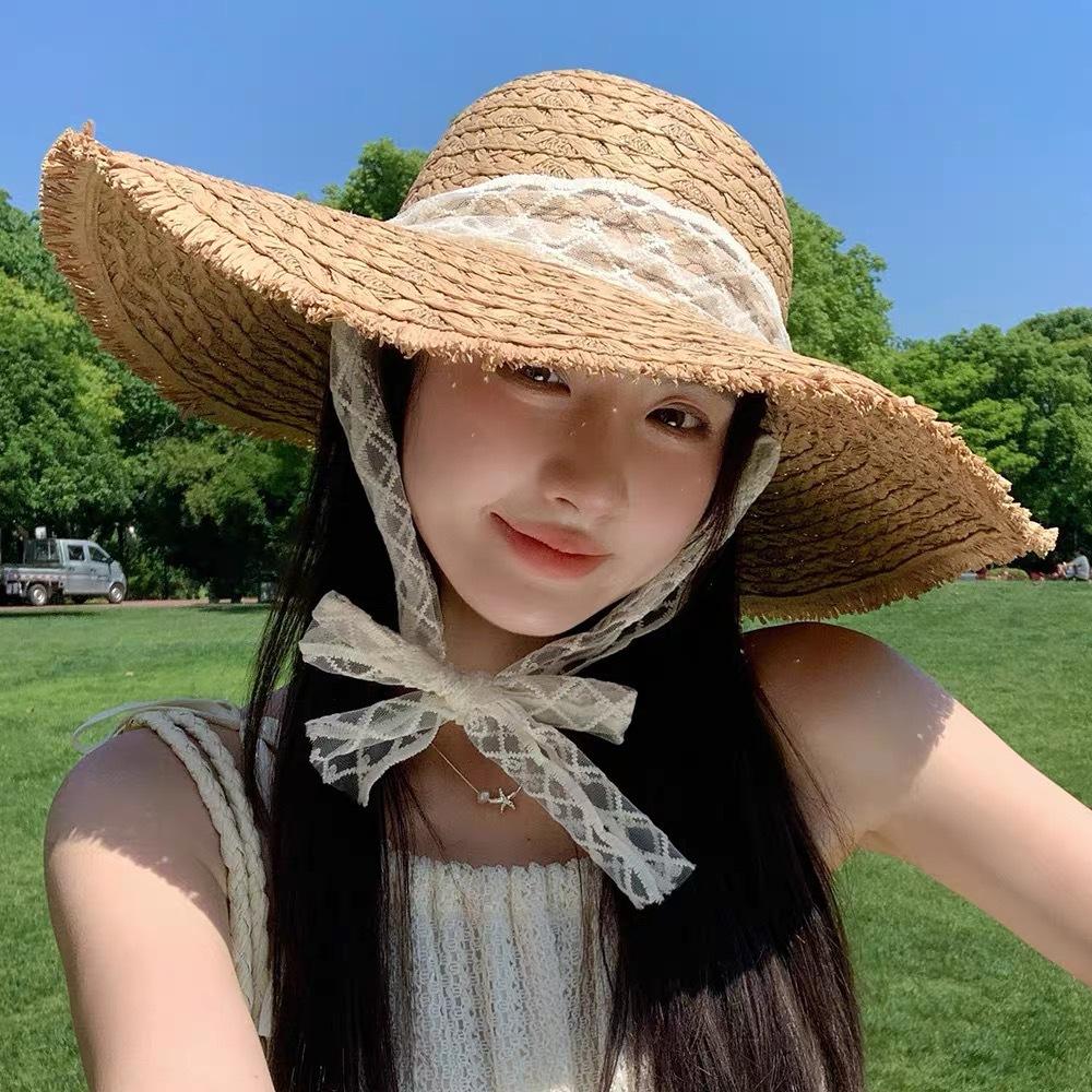 Lace lace-up woven straw hat women's summer outing big brim sun protection sun hat seaside UV protection beach hat