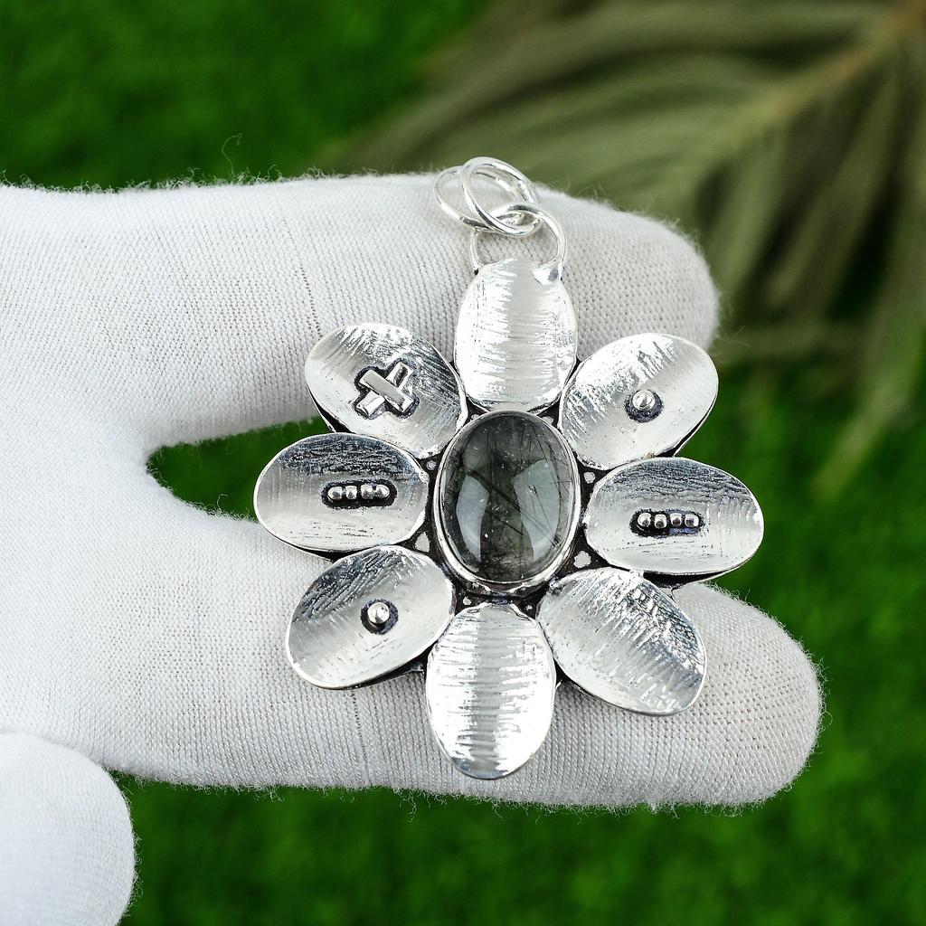 Gift For Women Jewelry Pendant 925 Sterling Silver Natural Black Rutile Gemstone