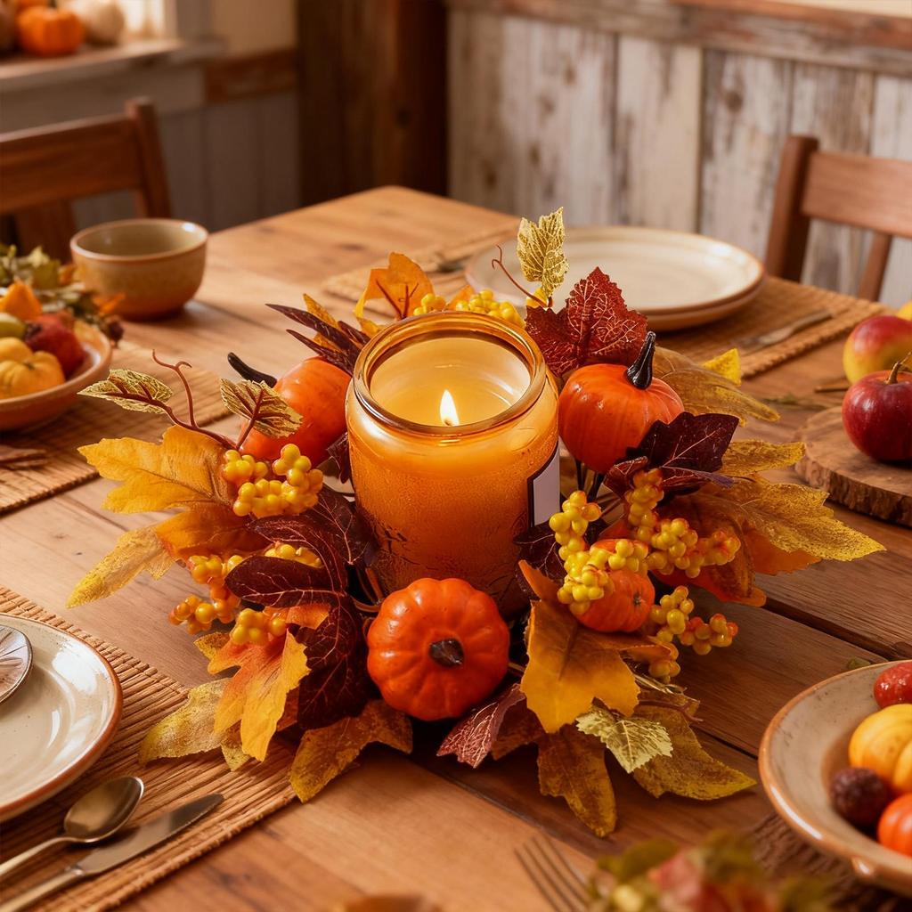 Fall Candle Ring Wreaths Pillar Candle Ring Decorations Harvest Maple Leaves Pumpkins Berries Garland for Fall Thanksgiving