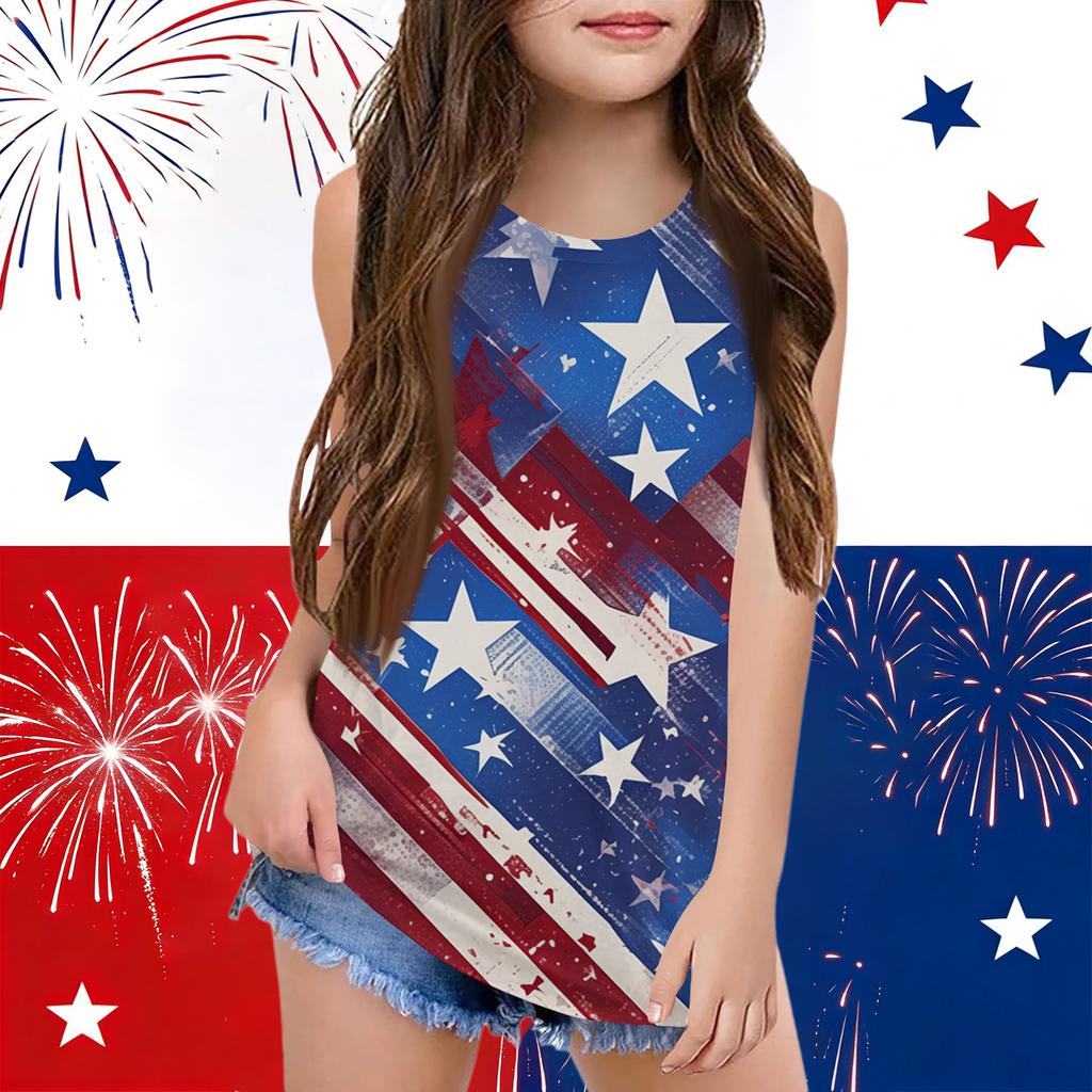 Girls  Kids Summer Crewneck Sleeveless Shirts Tank Tops Independence Day
