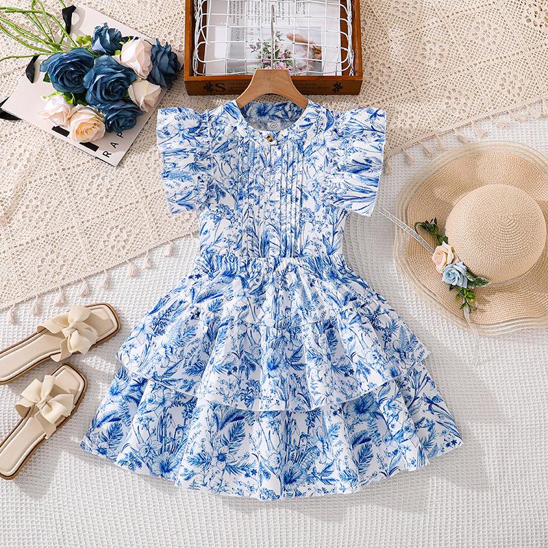 Girls  Fashionable Blue Outfit - Summer Children s Sweet Floral Top and Skirt Set 130cm=8Y синий