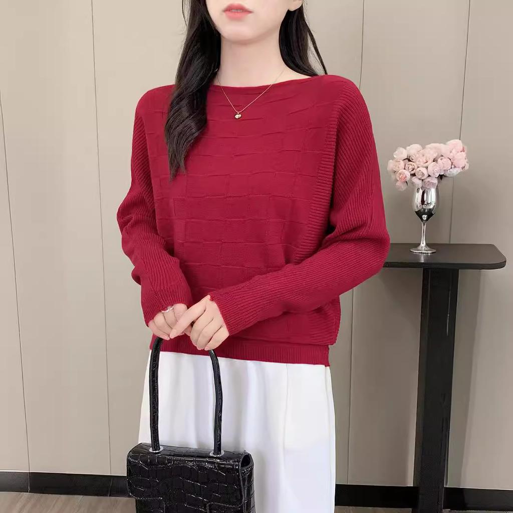 Bat-sleeve Knitted Sweater for Women Long-sleeved Loose Plus-sized Sweater Casual Solid-color Pullover for Autumn and Winter