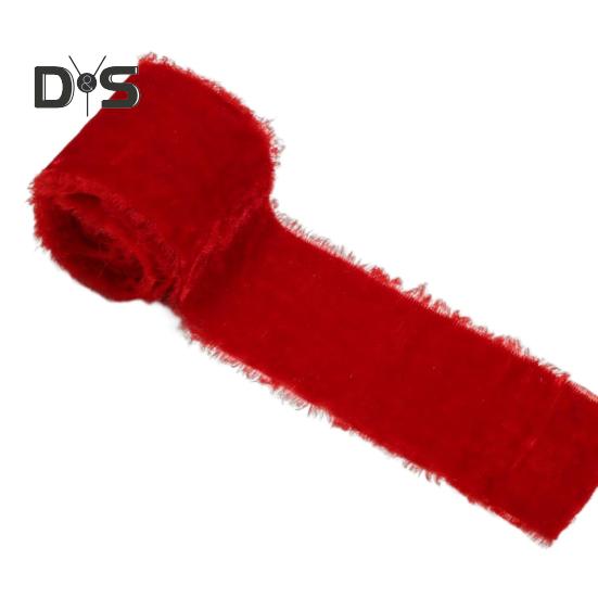 

1 рулонна оксамитова стрічка з потертим краєм, суцільна кольорова стрічка в сільському стилі, бахрома, бохо, стрічка для упаковки подарунків для букета різдвяної ялинки червоний