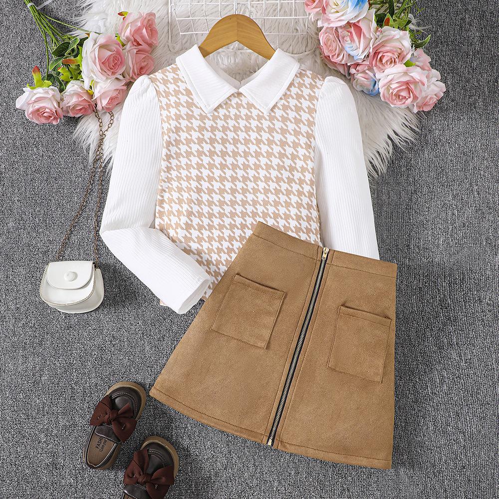 

Комплект из 2 предметов: рубашка с длинными рукавами и юбками для девочек на весну/осень, модная подростковая блузка с воротником и короткая юбка 8-9Y хаки